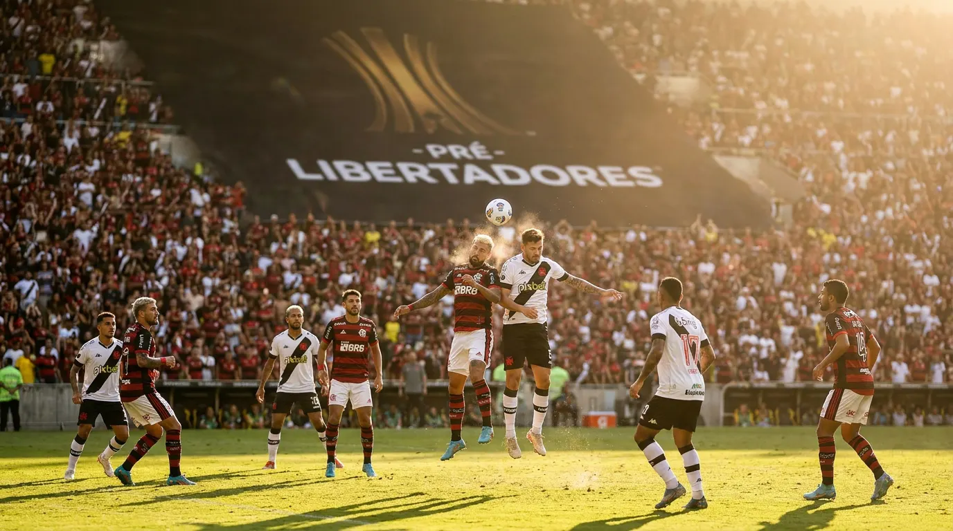 Jogadores celebram gol na fase preliminar da Copa Libertadores com estádio lotado ao fundo