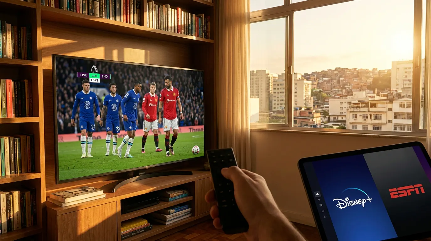 Torcedor brasileiro assistindo Premier League pelo Disney+ e ESPN no celular e na TV em 2026