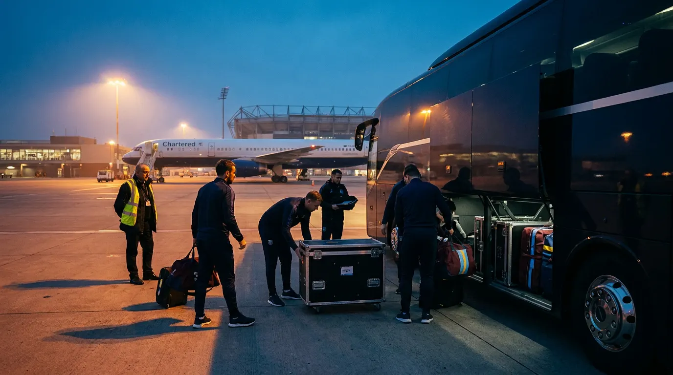 Delegação de clube brasileiro embarcando em voo charter noturno com equipamentos e material esportivo