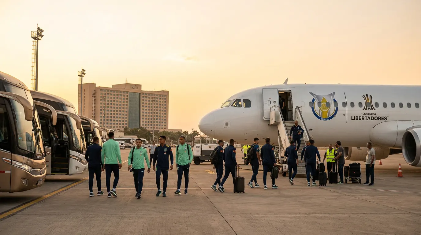 Delegação de time de futebol embarcando em avião fretado para jogo fora de casa