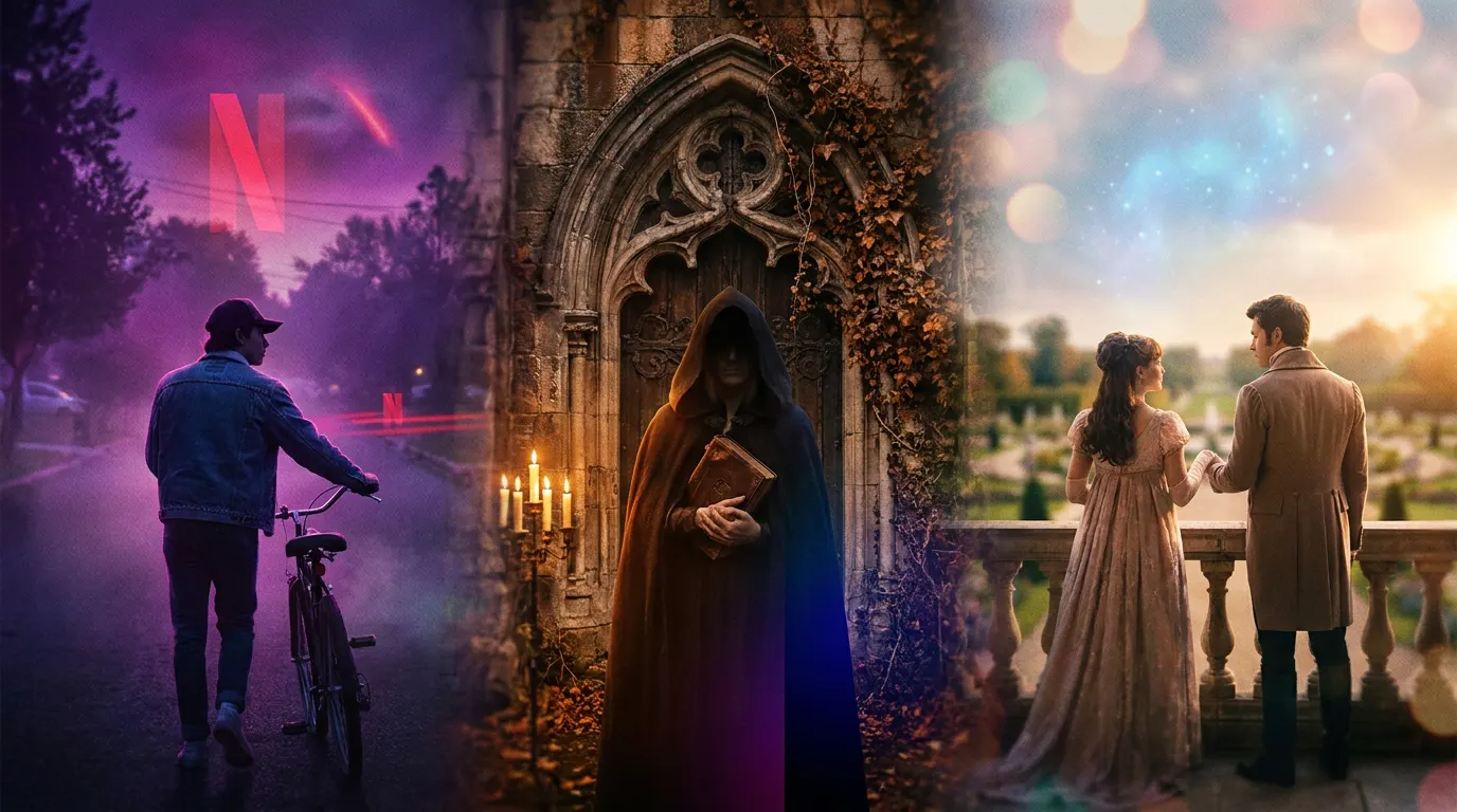 Collage das melhores séries para maratonar em 2026 no streaming: Stranger Things, The Pitt e Bridgerton em composição cinematográfica