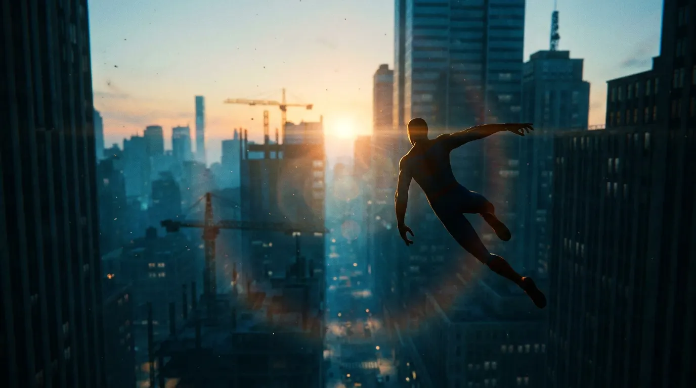 Tom Holland como Spider-Man no novo traje vermelho e azul do MCU balançando sozinho sobre Nova York à noite em Spider-Man: Brand New Day