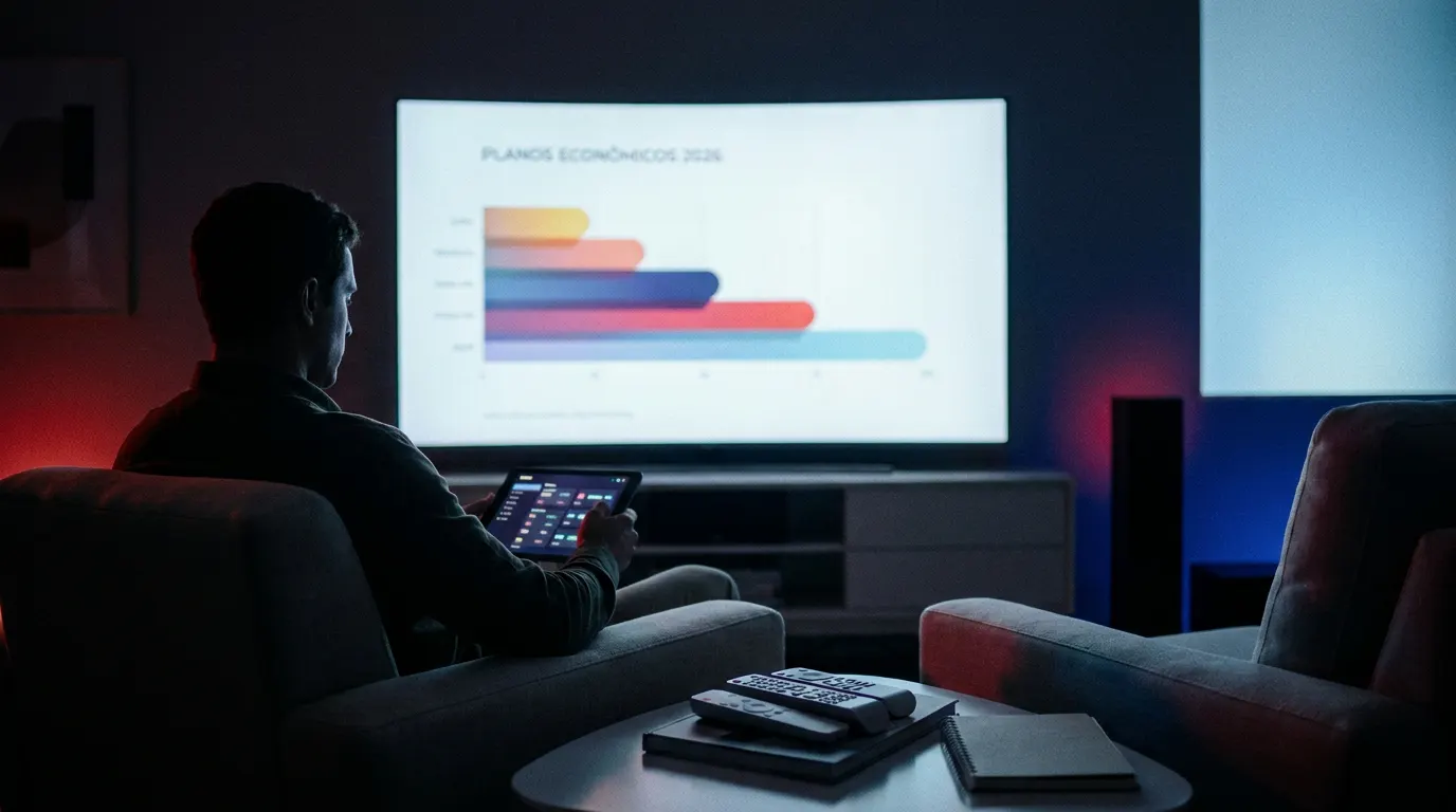 Setup de streaming barato em 2026: TV com logos de Netflix, Prime Video e Disney+, celular e caderno com contas de economia