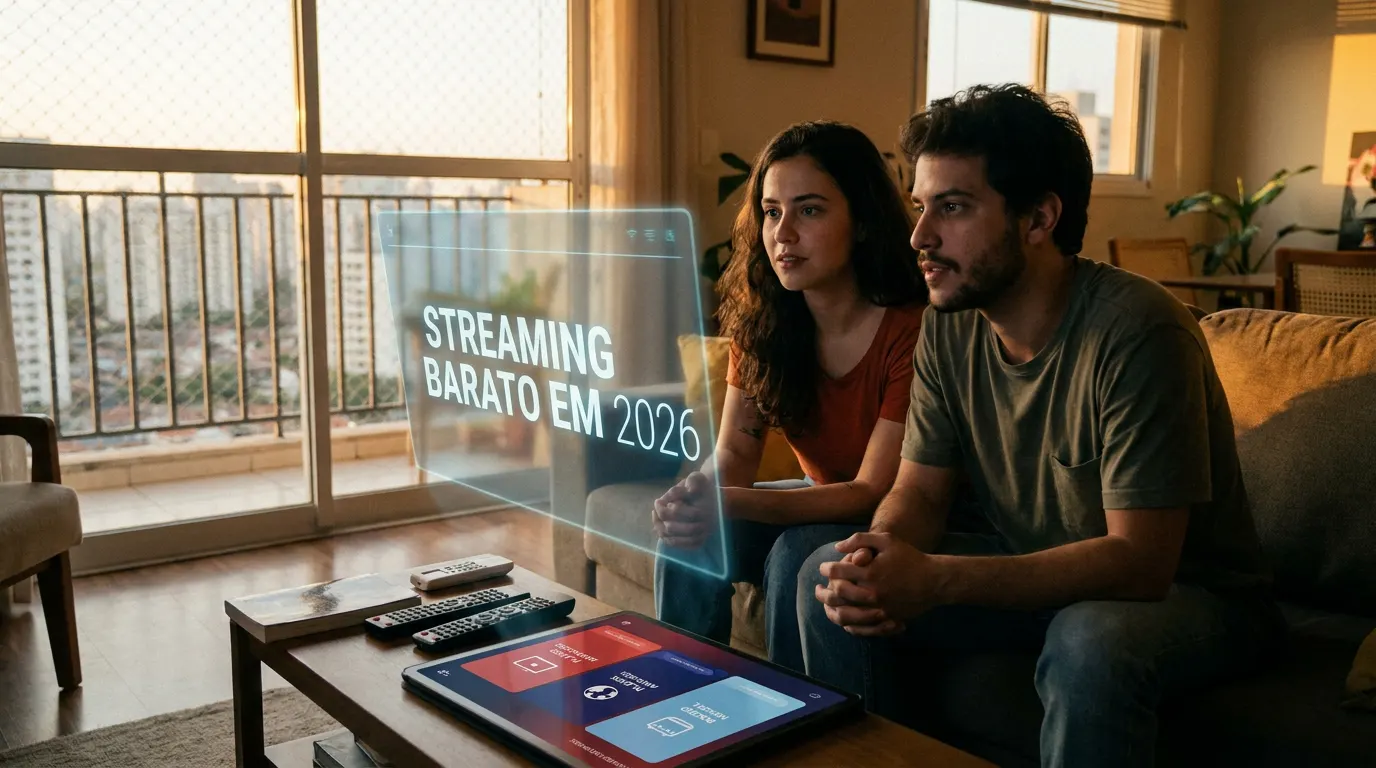 Família brasileira assistindo streaming em casa com Netflix, Prime Video e Disney+ nos dispositivos — como economizar em 2026