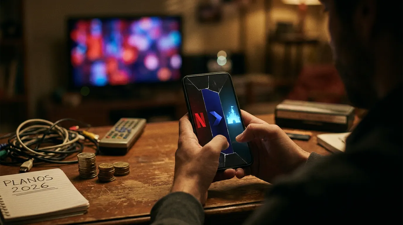 Três dispositivos com interfaces de streaming — Netflix, Prime Video e Disney+ — sobre mesa de sala de estar brasileira moderna