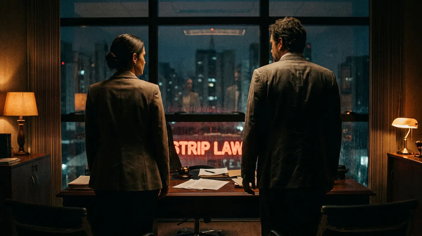 Cena animada de Strip Law na Netflix mostrando Lincoln Gumb e Sheila Flambé num tribunal caótico de Las Vegas