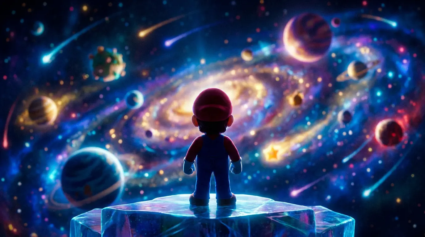 Mario e Princesa Peach em planeta esférico no espaço — Super Mario Galaxy: O Filme no Prime Video