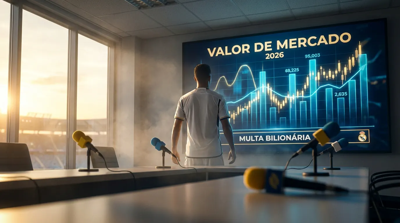 Vinícius Júnior comemorando gol pelo Real Madrid no Bernabéu, camisa branca oficial do clube