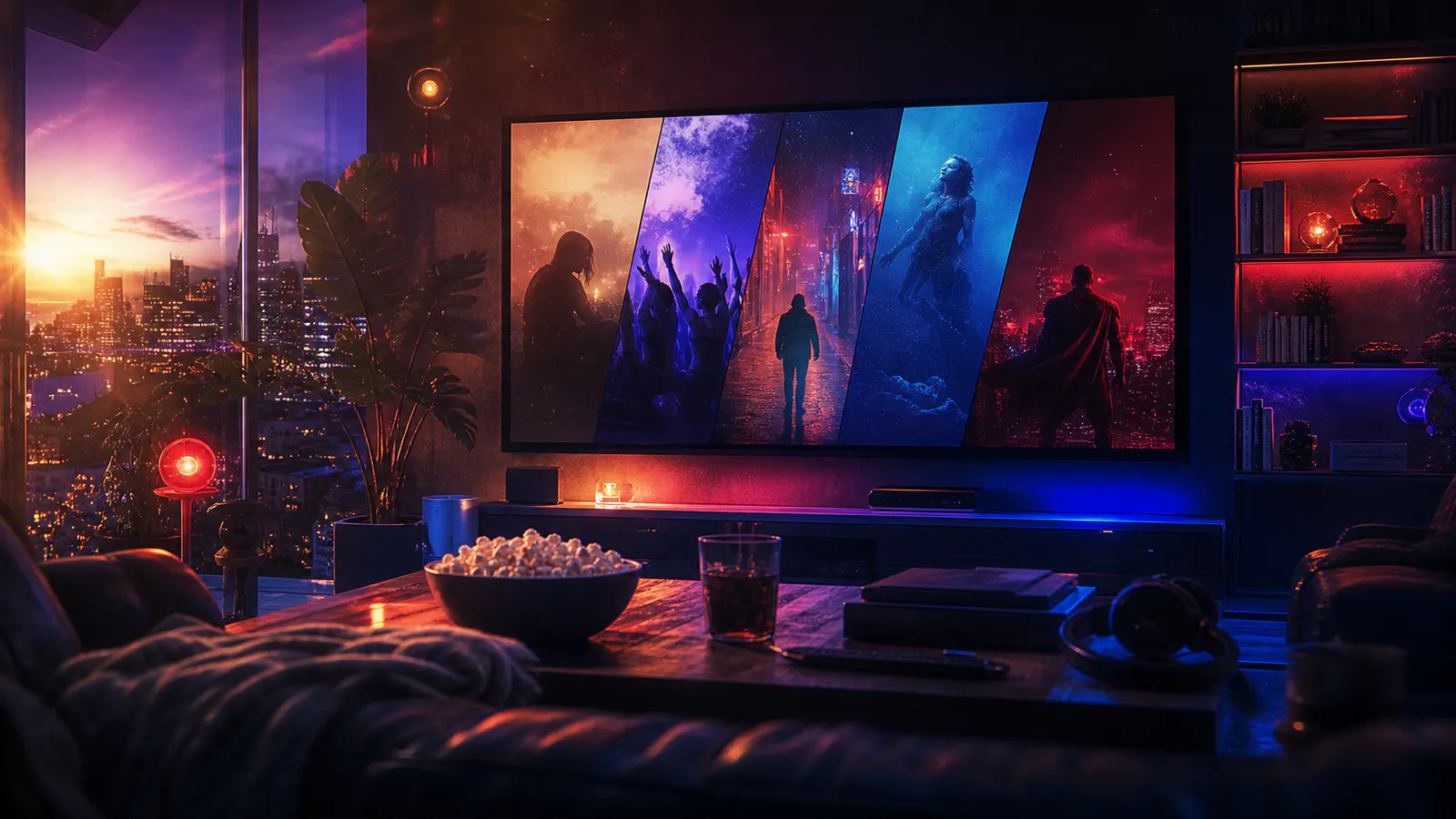 Sala de estar iluminada pela tela de streaming com elementos visuais das melhores séries de 2026 para maratonar