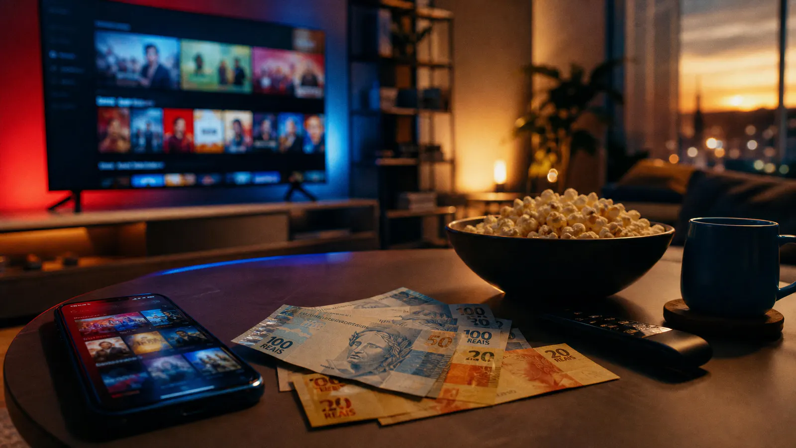 Três smartphones com Netflix, Prime Video e Disney+ ao lado de cofrinho com moedas — como economizar no streaming em 2026