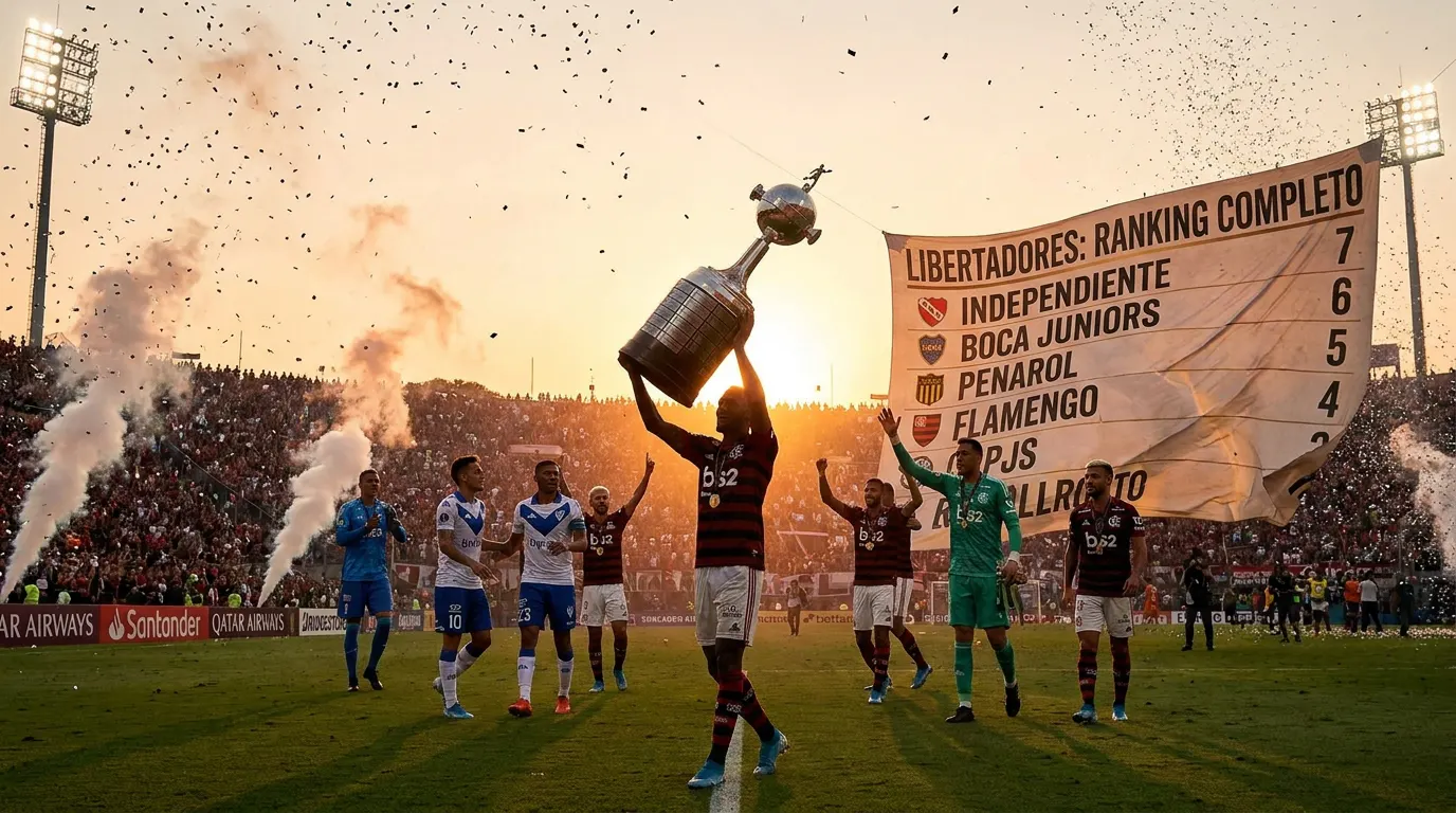 Troféu da Copa Libertadores iluminado no gramado — ranking dos maiores campeões da história
