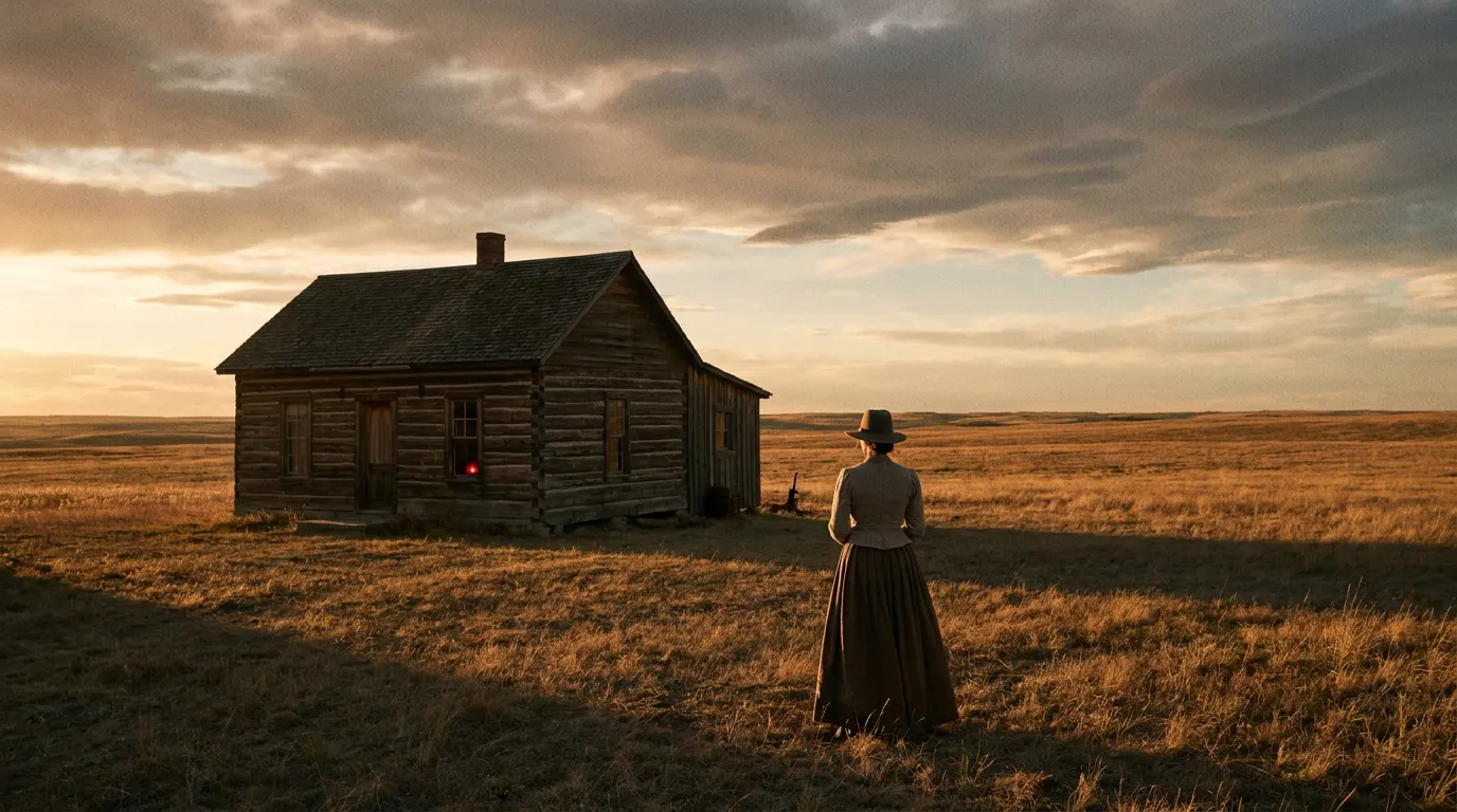 Alice Halsey como Laura Ingalls na pradaria americana com a carroça da família Ingalls ao fundo — série Uma Casa na Pradaria da Netflix