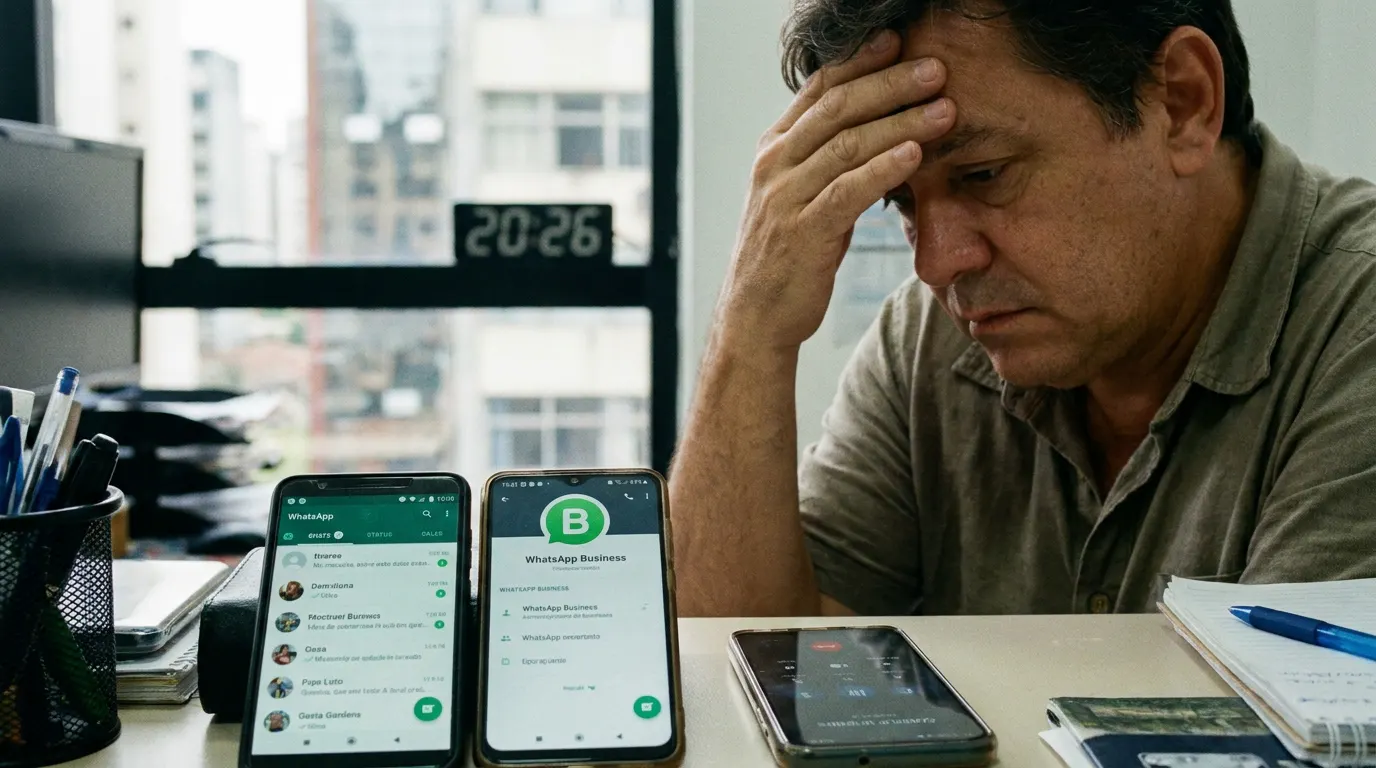 Dona de pequena empresa segurando dois celulares ao mesmo tempo tentando atender vários WhatsApps simultaneamente