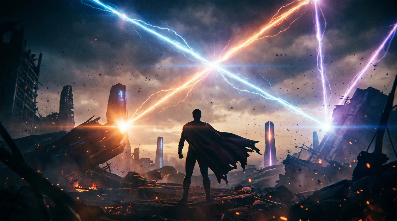 Ilustração épica de Vingadores enfrentando vilão com armadura metálica em cenário futurista e sombrio do MCU