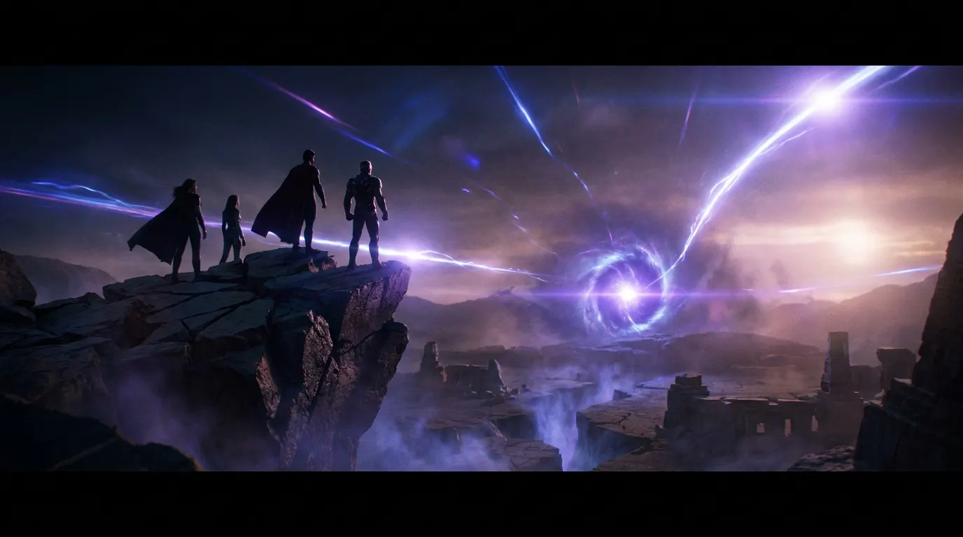 Vilão armado com máscara de ferro em pôster cinemático do novo filme dos Vingadores com realidade fraturada ao fundo